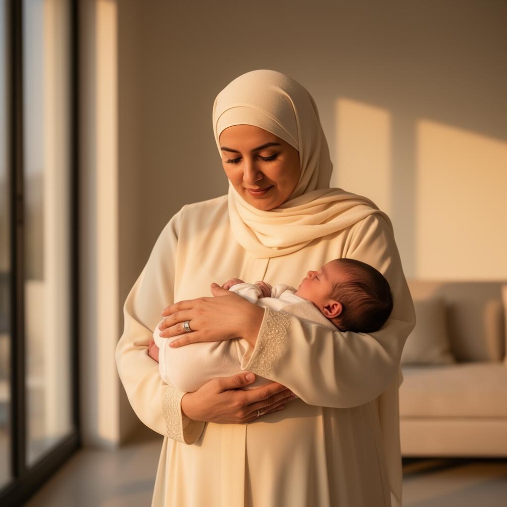An Emirati mother cradling her newborn baby